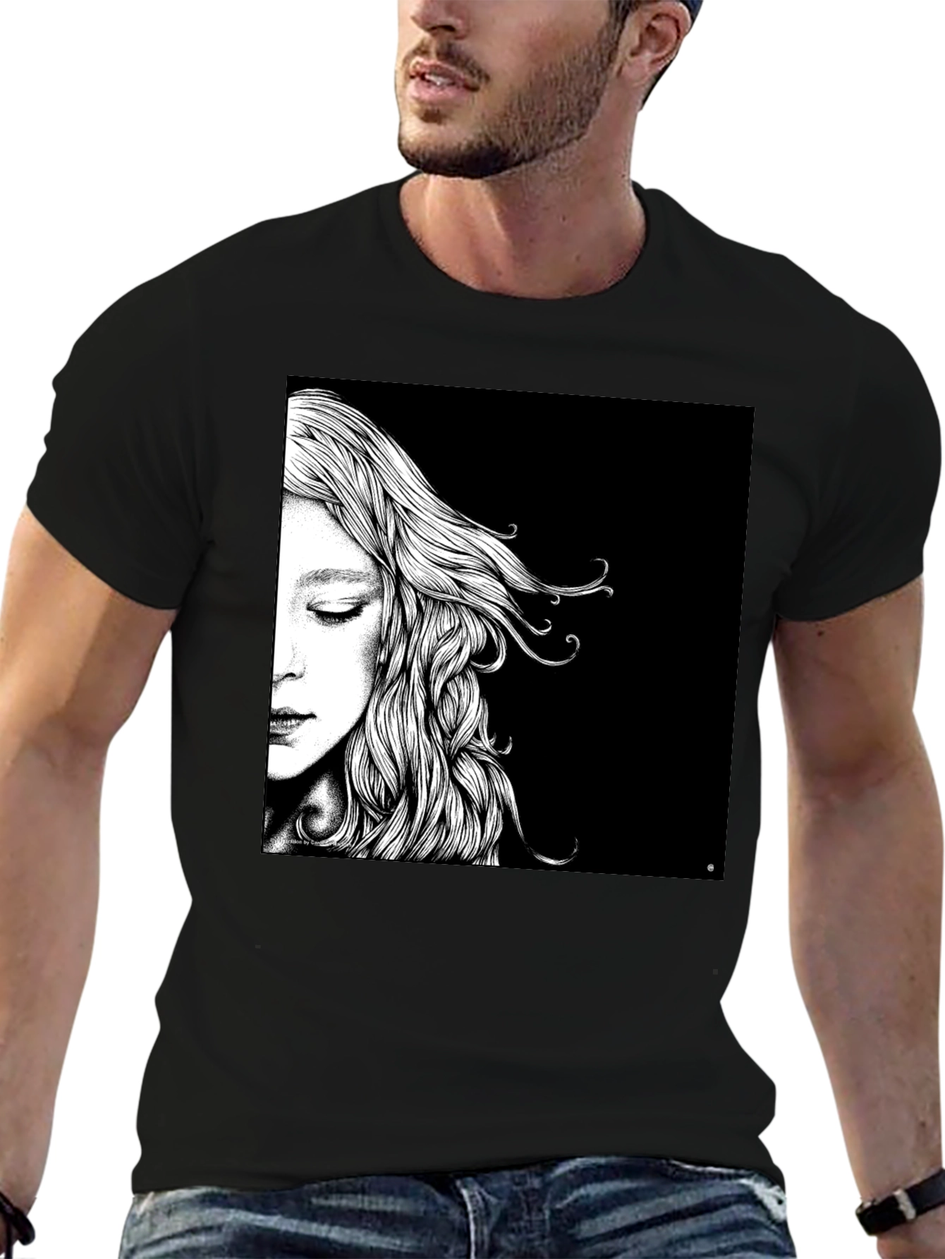 Artistic Woman Portrait Graphic Tee - Black