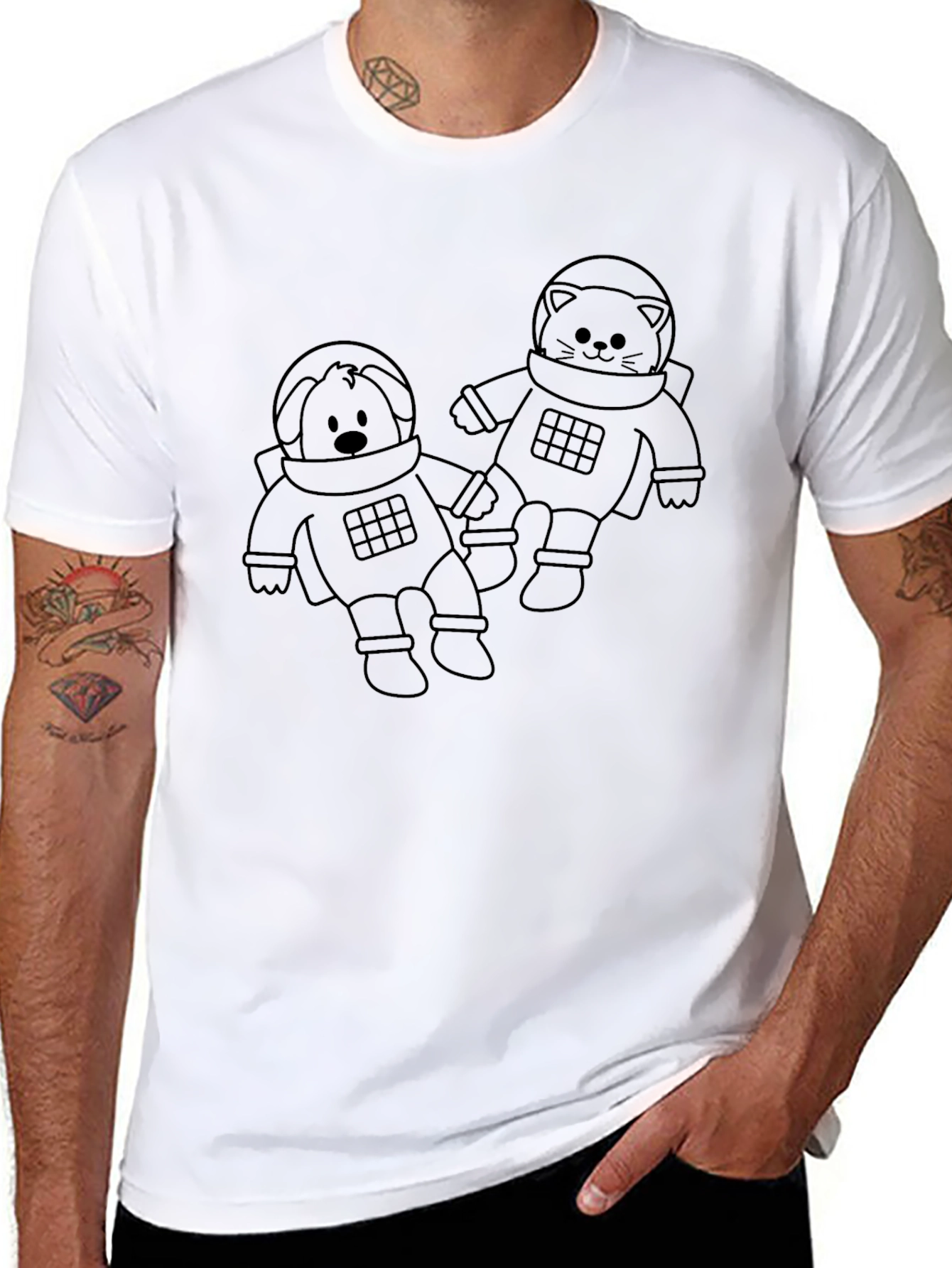 Astronaut Cat & Dog Unisex Black T-Shirt