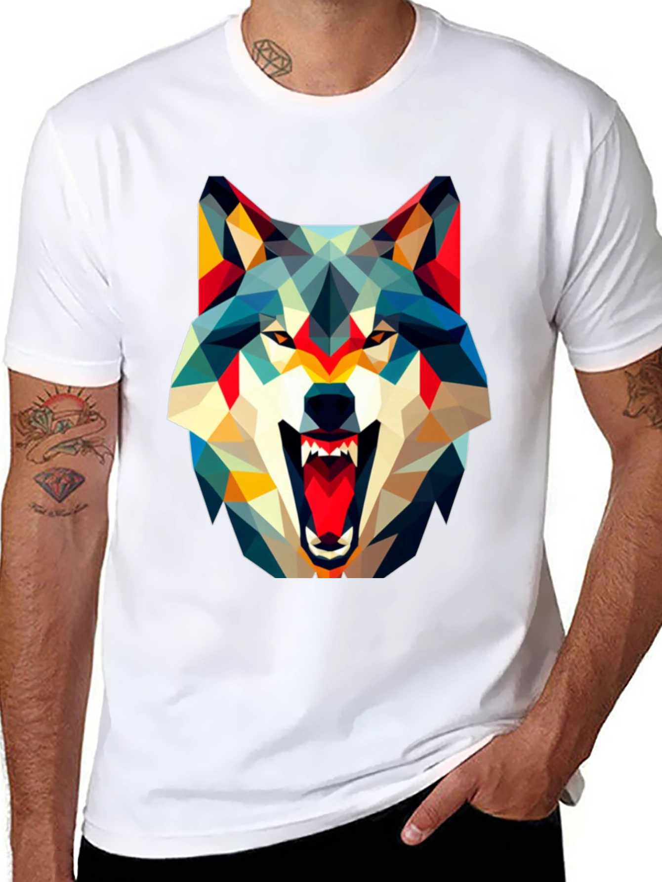 Geometric Wolf Graphic Black T-Shirt