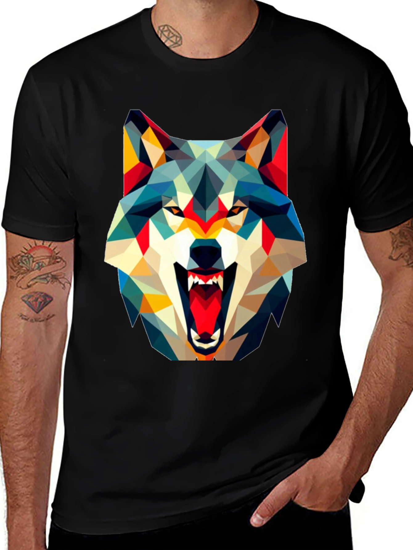 Geometric Wolf Graphic Black T-Shirt