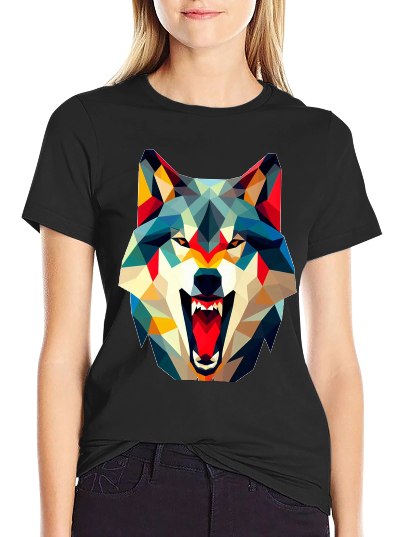Geometric Wolf Graphic Black T-Shirt