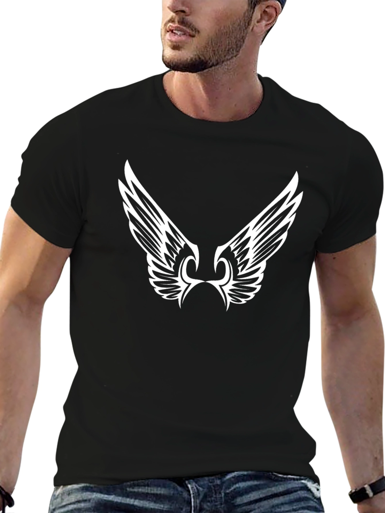 Black Graphic Tee - Angel Wings Design