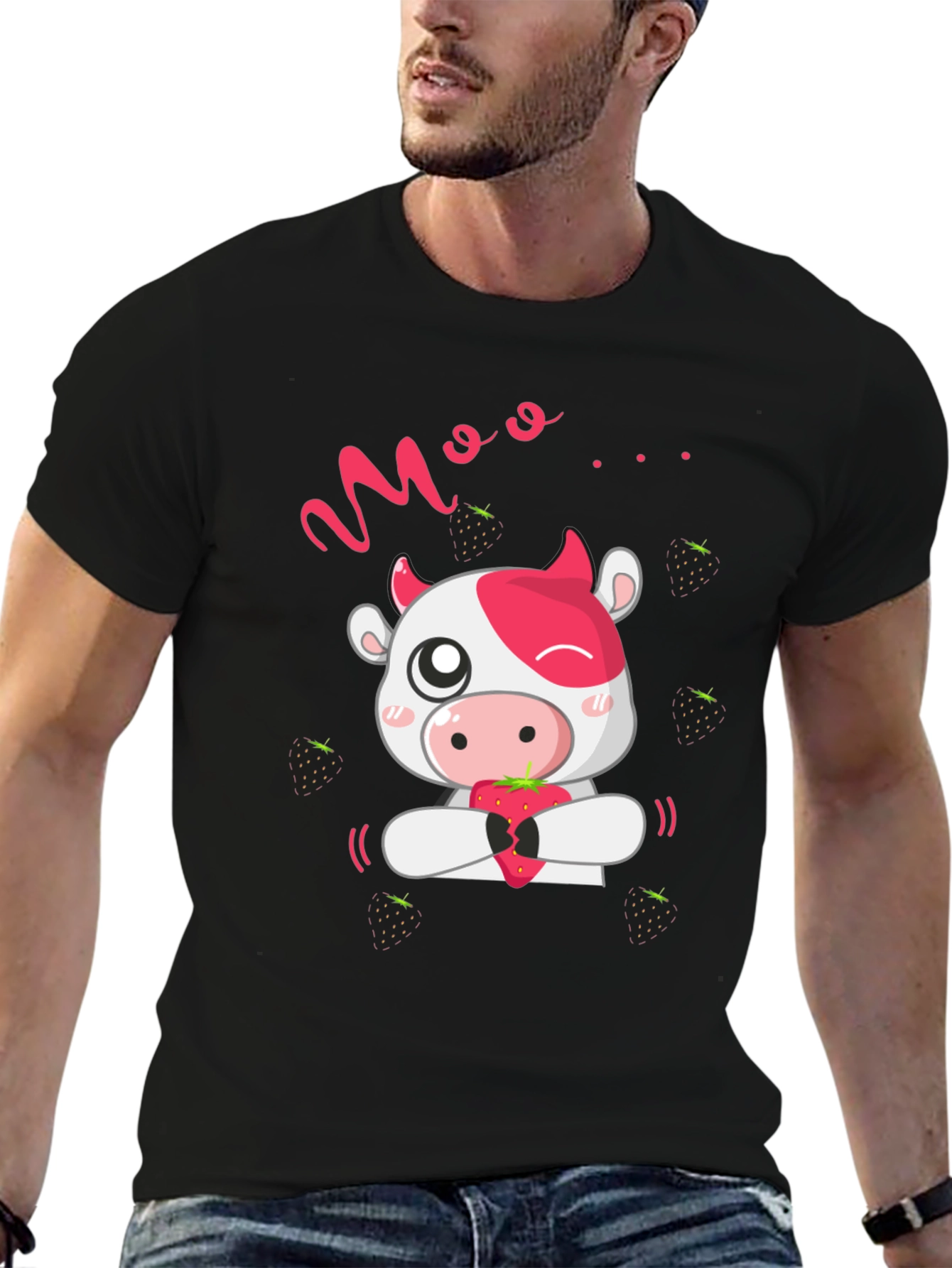 Cute Cow Moo Strawberry Black T-Shirt