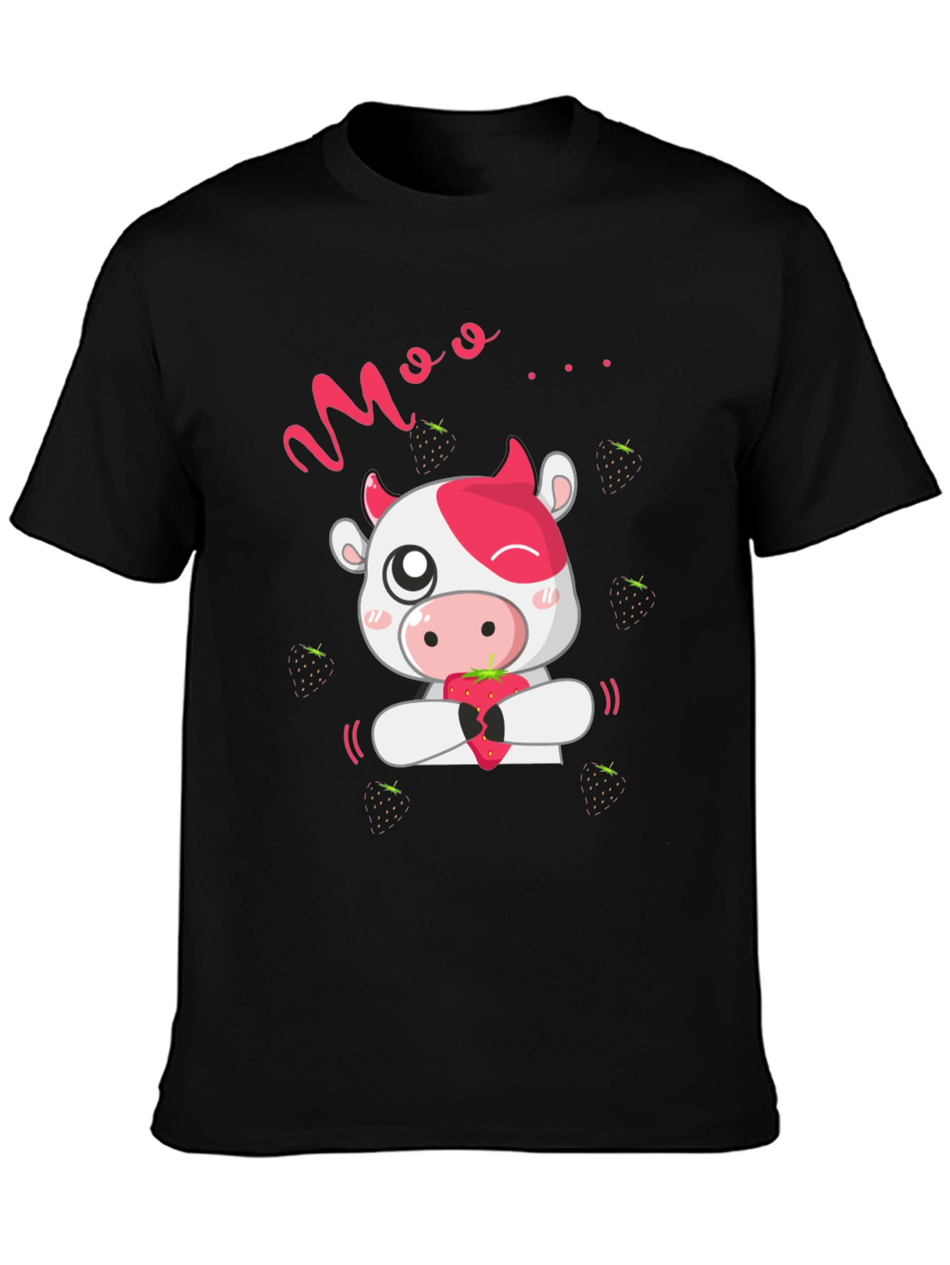 Cute Cow Moo Strawberry Black T-Shirt