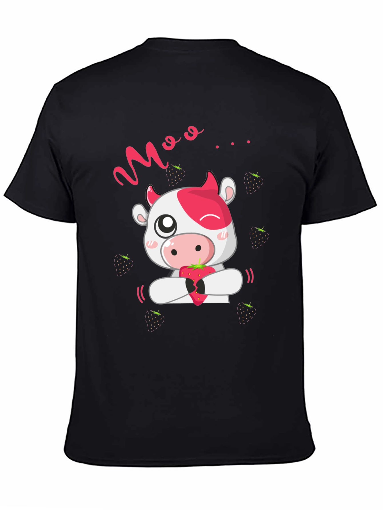 Cute Cow Moo Strawberry Black T-Shirt