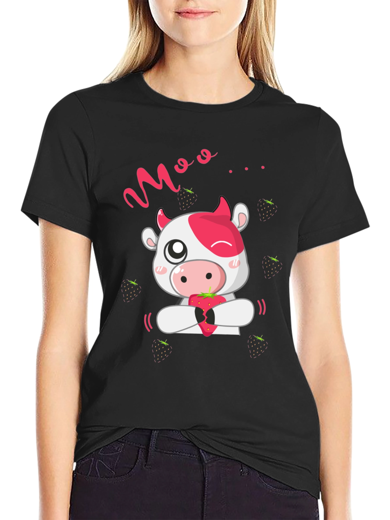 Cute Cow Moo Strawberry Black T-Shirt