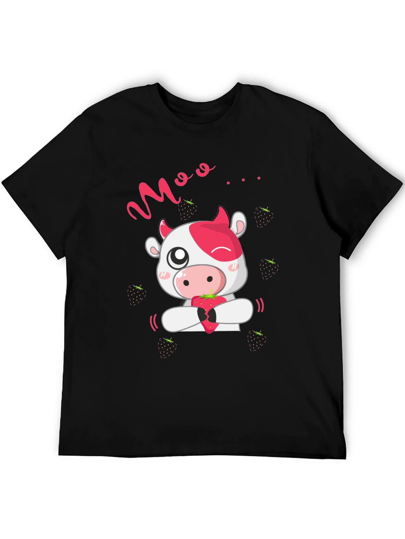 Cute Cow Moo Strawberry Black T-Shirt