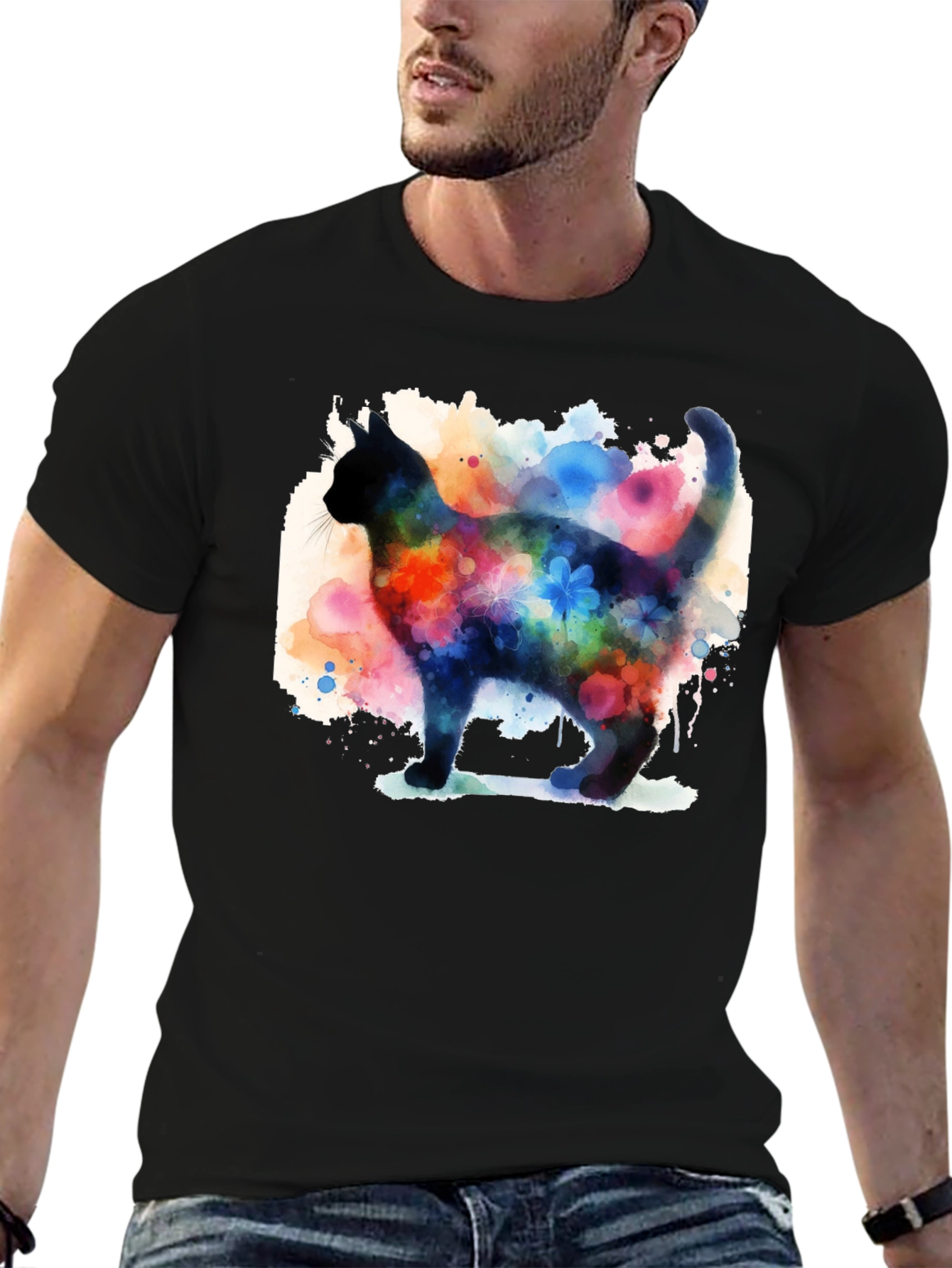 Watercolor Cat Black T-Shirt
