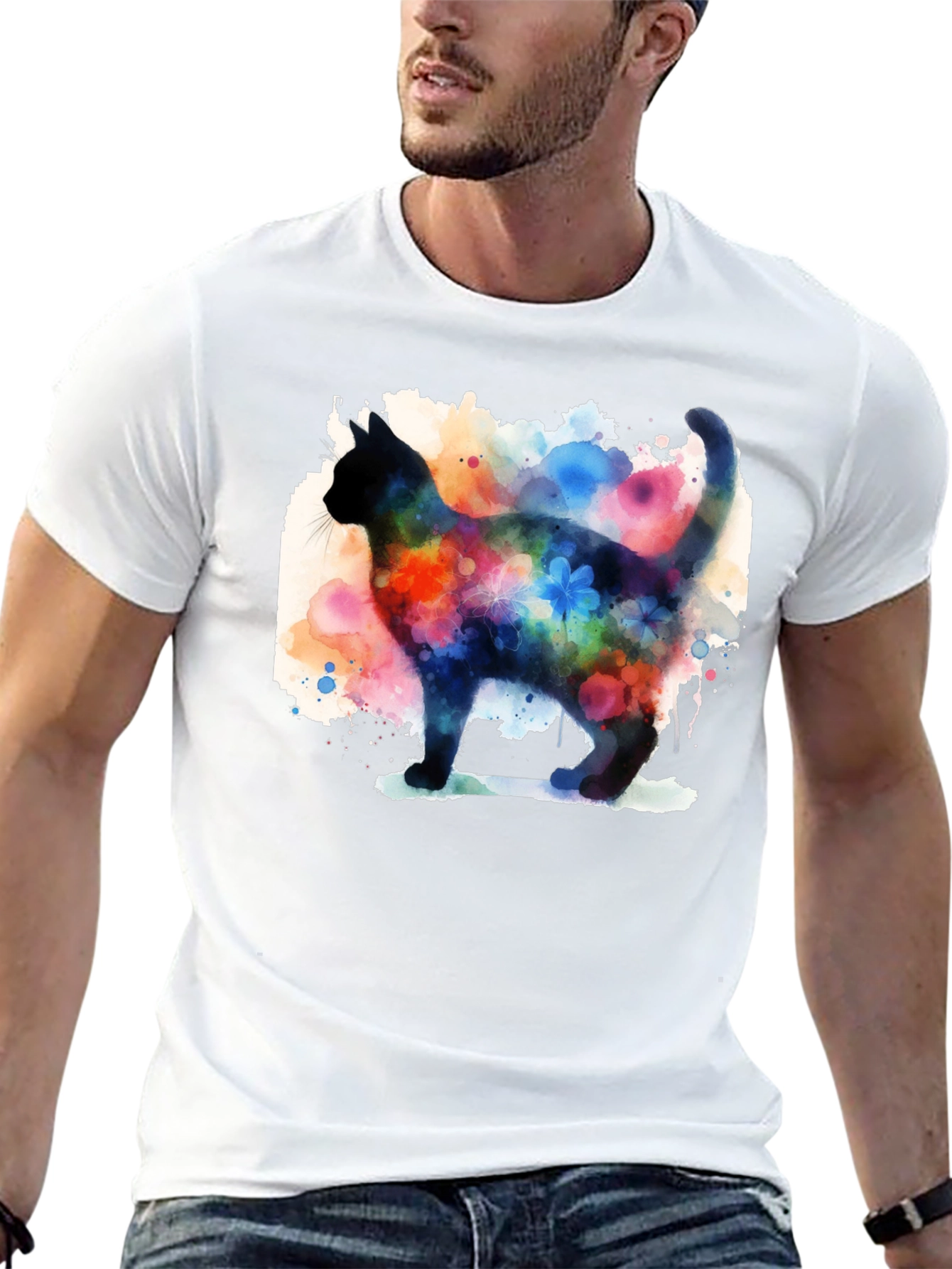 Watercolor Cat Black T-Shirt