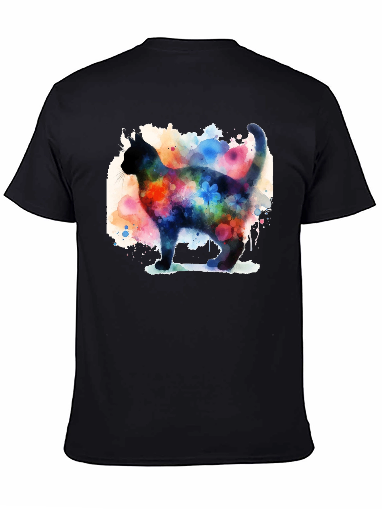 Watercolor Cat Black T-Shirt