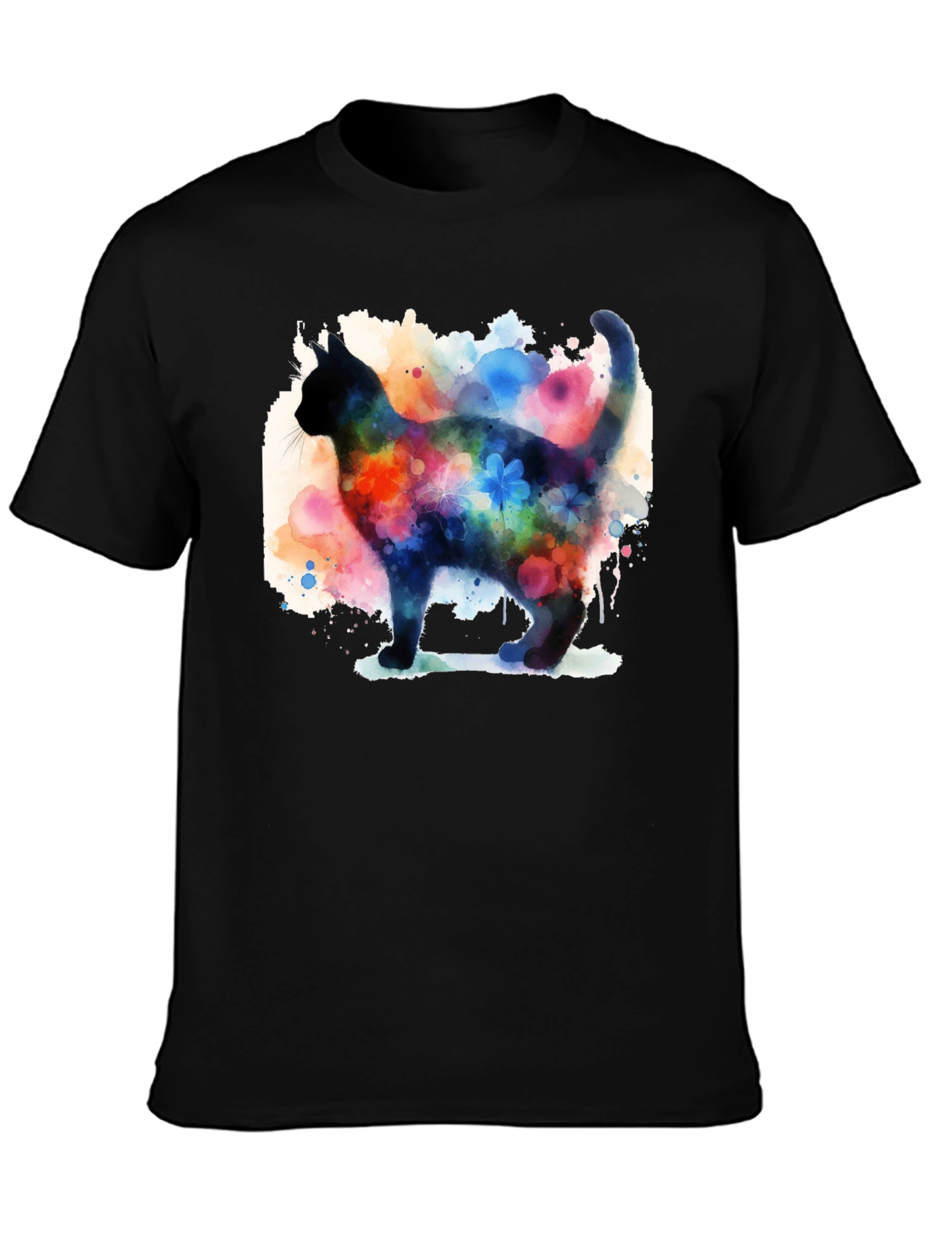 Watercolor Cat Black T-Shirt