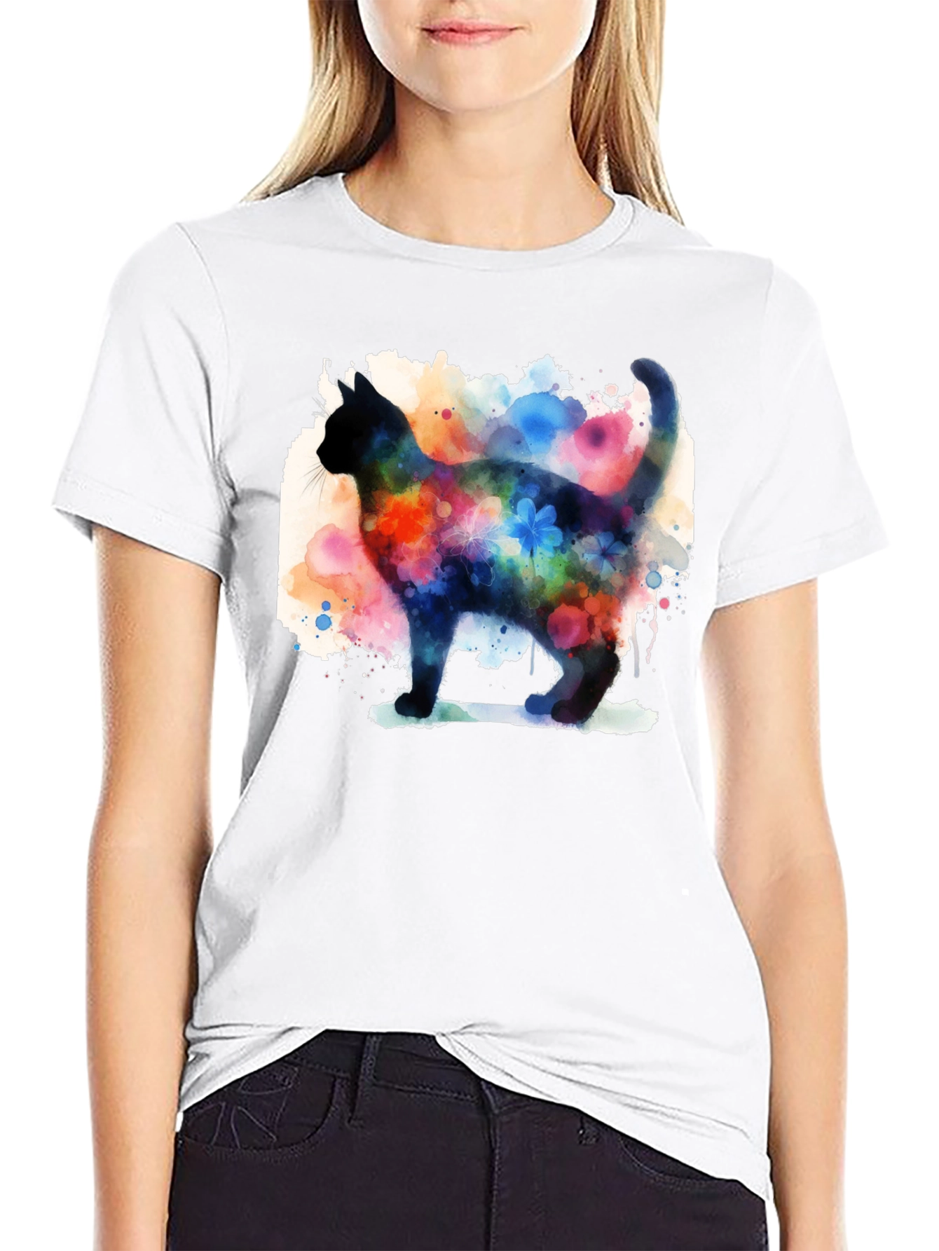 Watercolor Cat Black T-Shirt