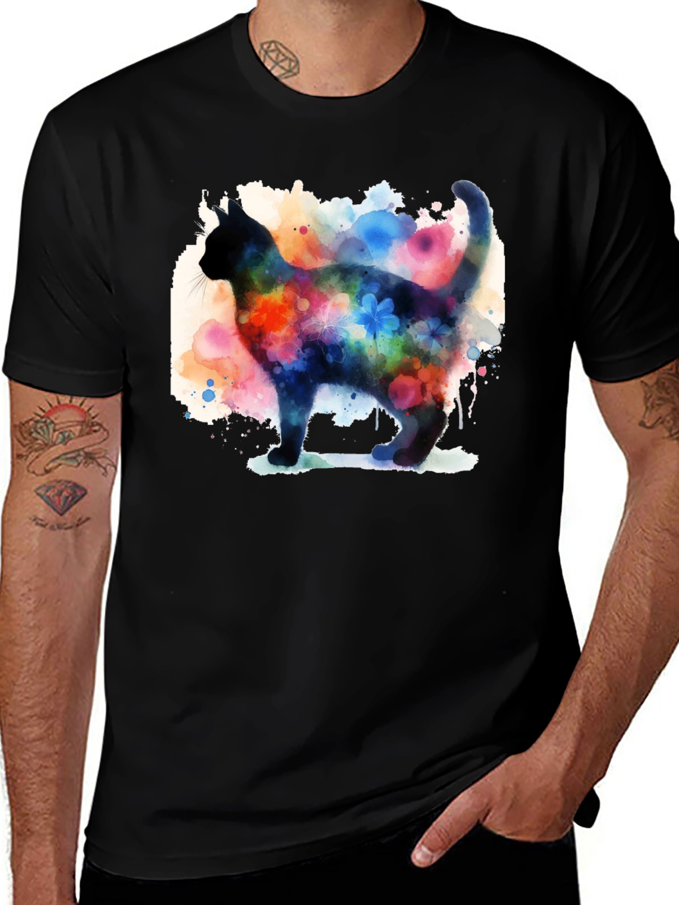 Watercolor Cat Black T-Shirt