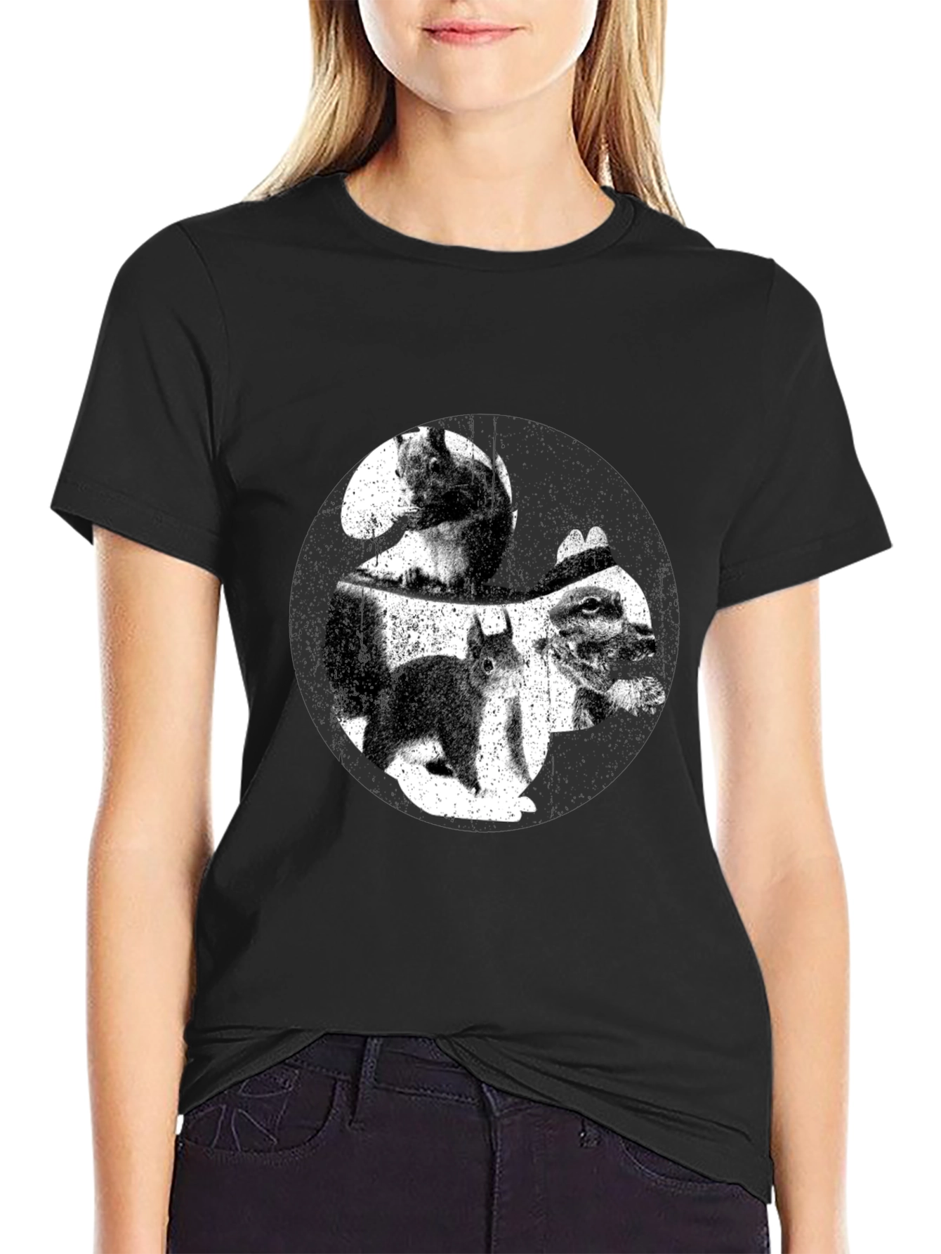 Squirrel Yin Yang Graphic T-Shirt - Black