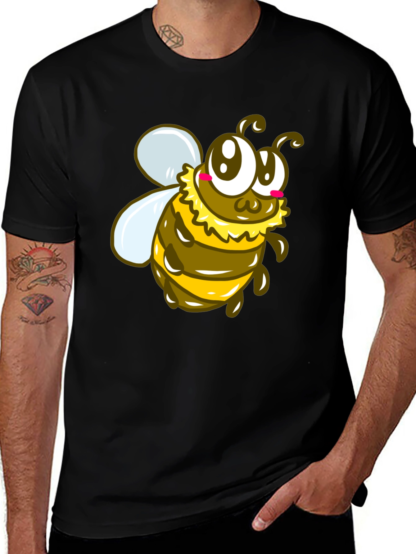 Cute Cartoon Bee Graphic Black T-Shirt