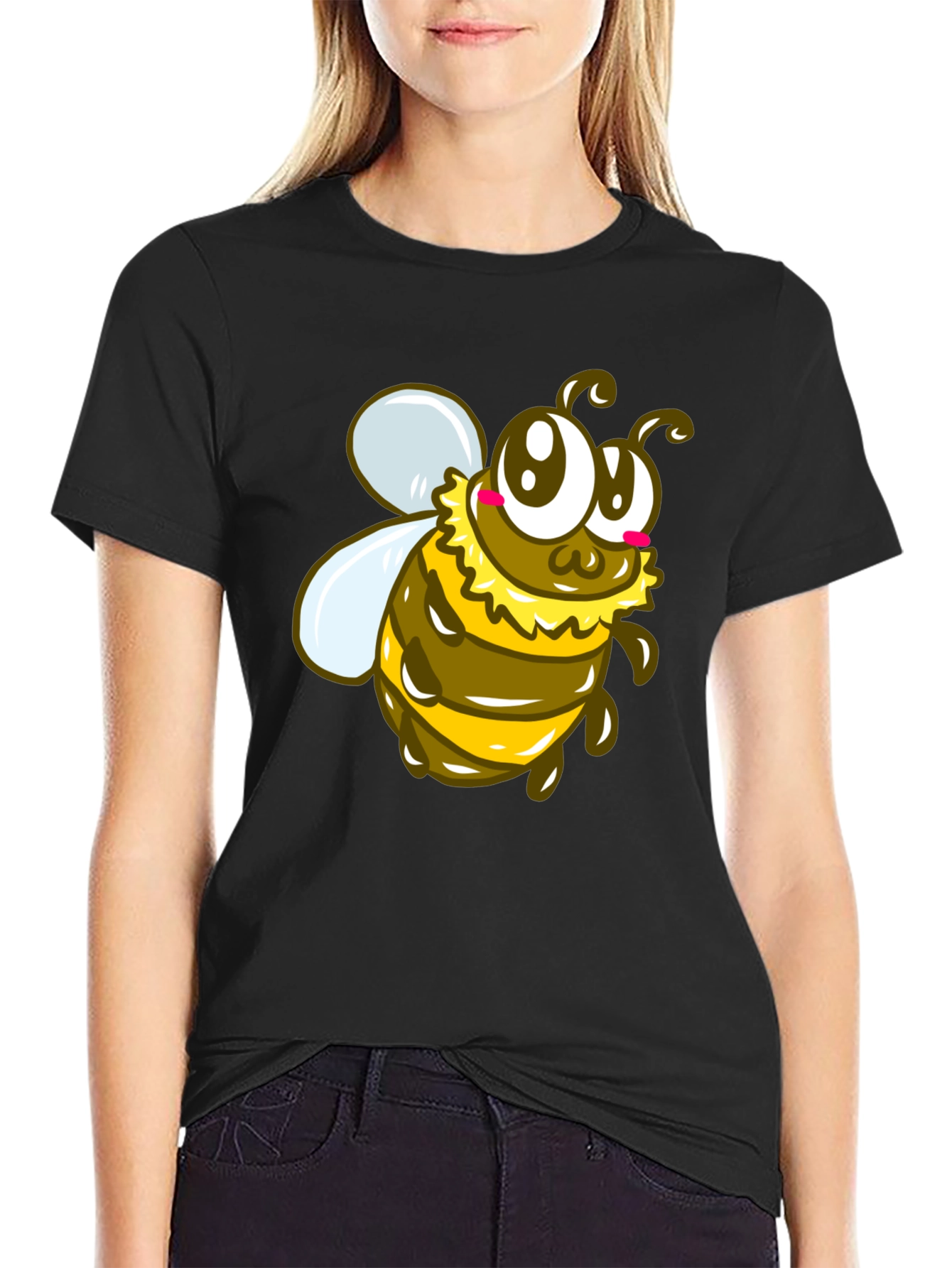 Cute Cartoon Bee Graphic Black T-Shirt