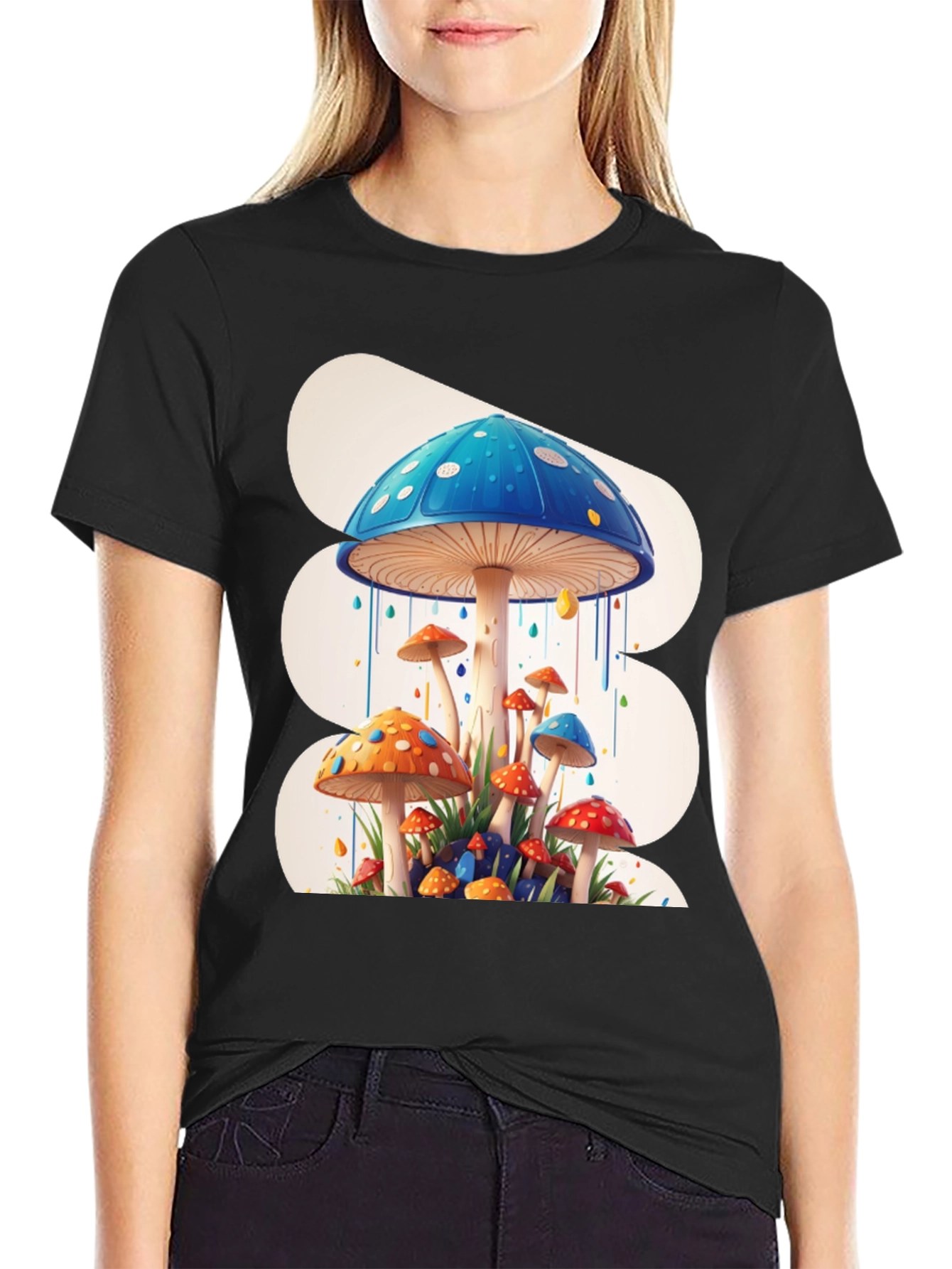 Funky Mushroom Graphic Tee - Black Cotton