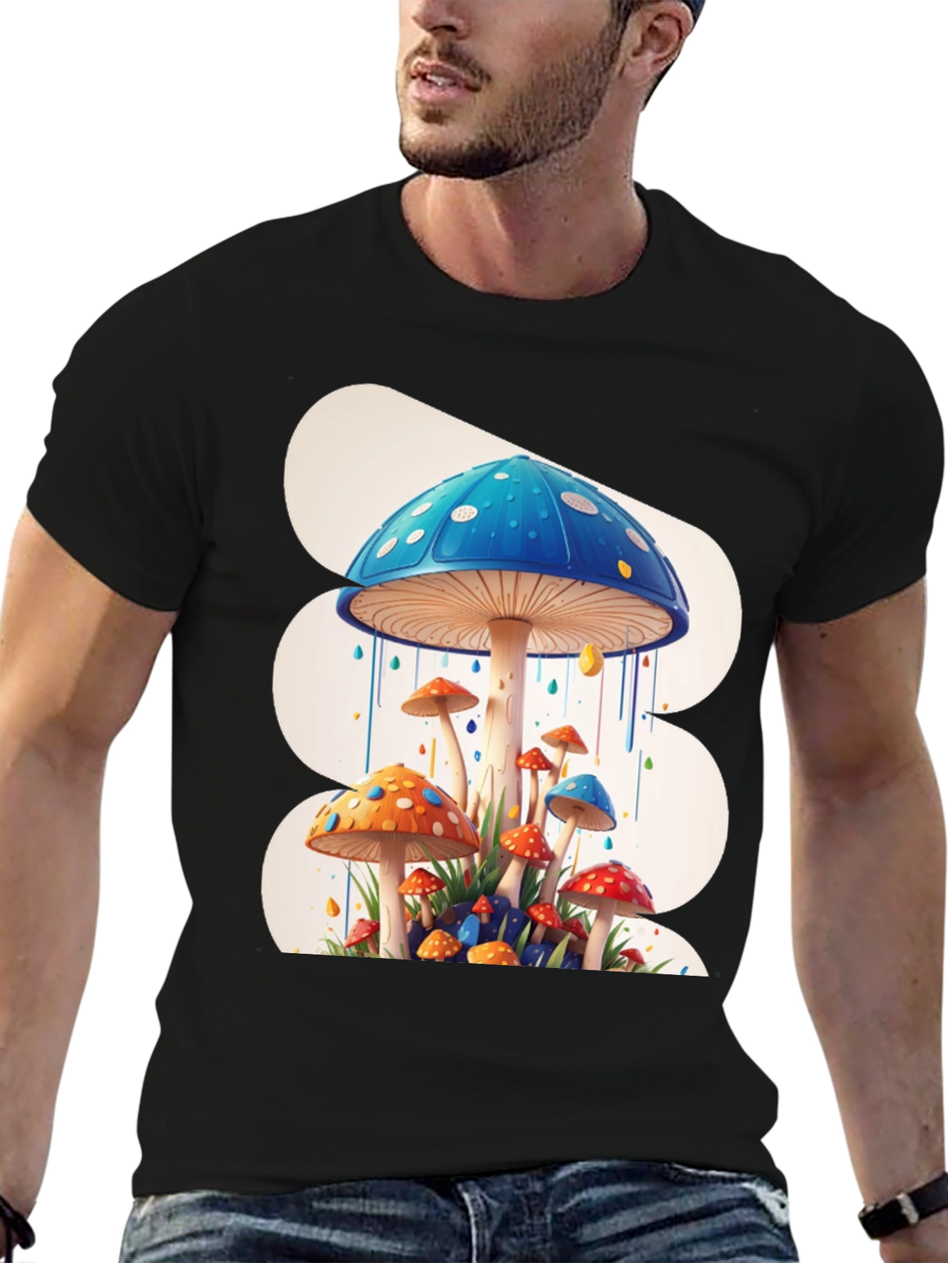 Funky Mushroom Graphic Tee - Black Cotton