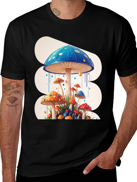 Funky Mushroom Graphic Tee - Black Cotton