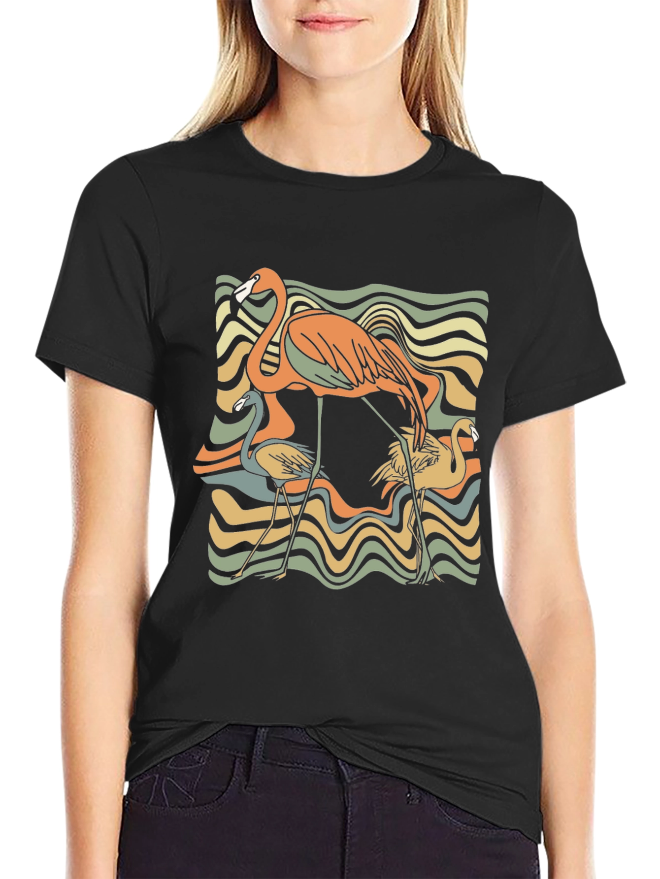 Retro Flamingo Graphic Tee - Black