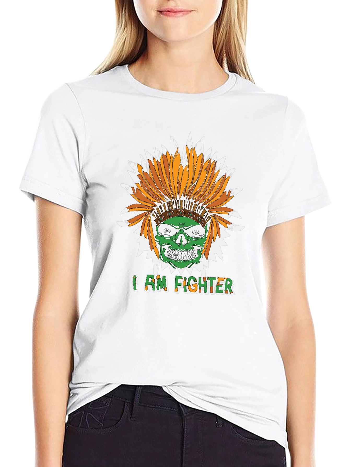 I Am Fighter Headdress Skull Black T-Shirt