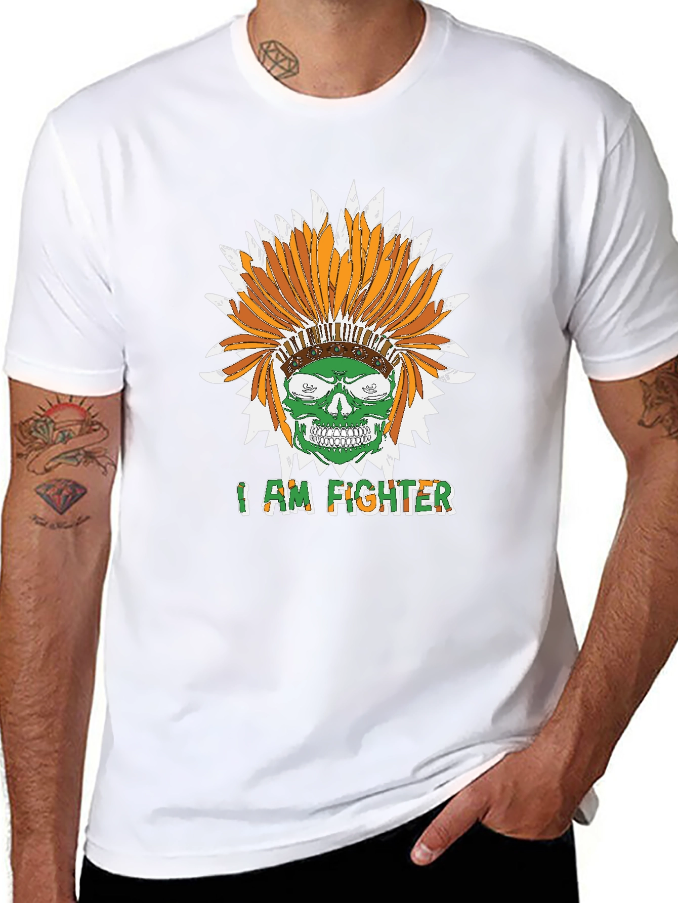 I Am Fighter Headdress Skull Black T-Shirt