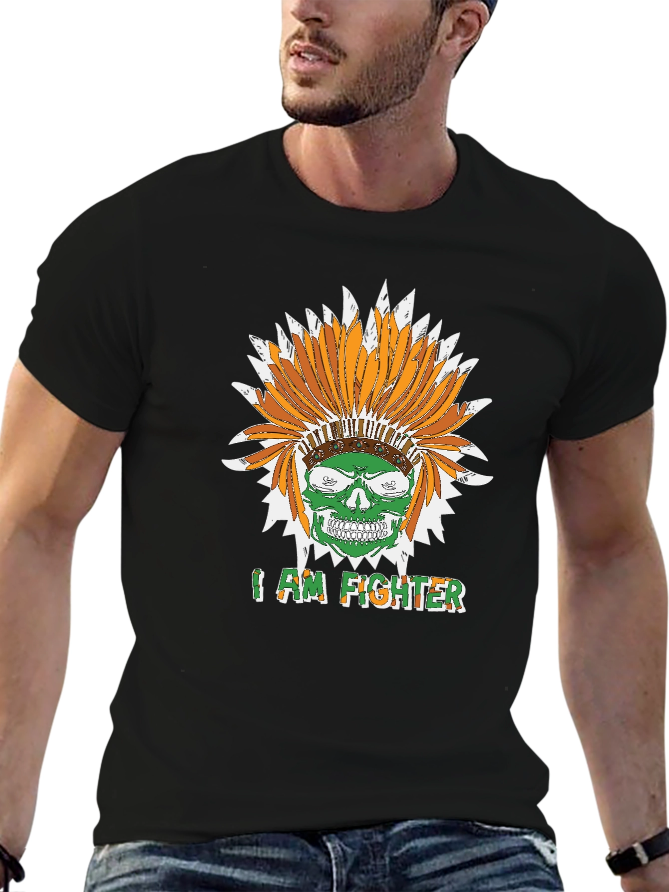 I Am Fighter Headdress Skull Black T-Shirt