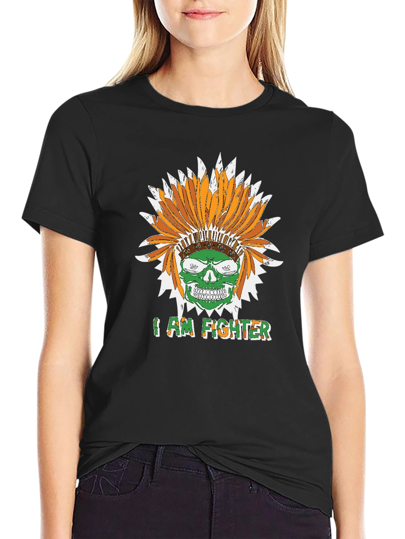 I Am Fighter Headdress Skull Black T-Shirt