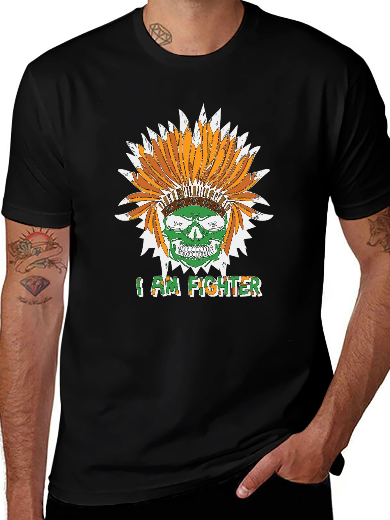 I Am Fighter Headdress Skull Black T-Shirt