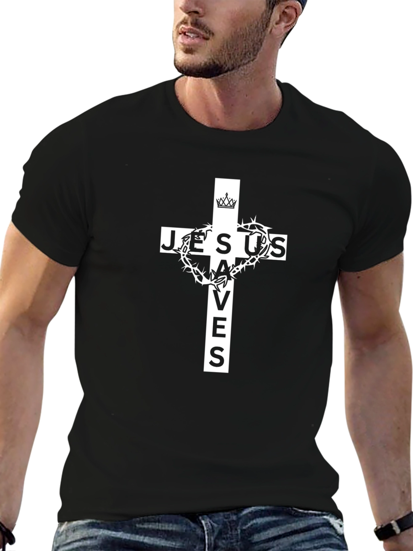 Jesus Saves Graphic T-Shirt - Black Cotton Blend