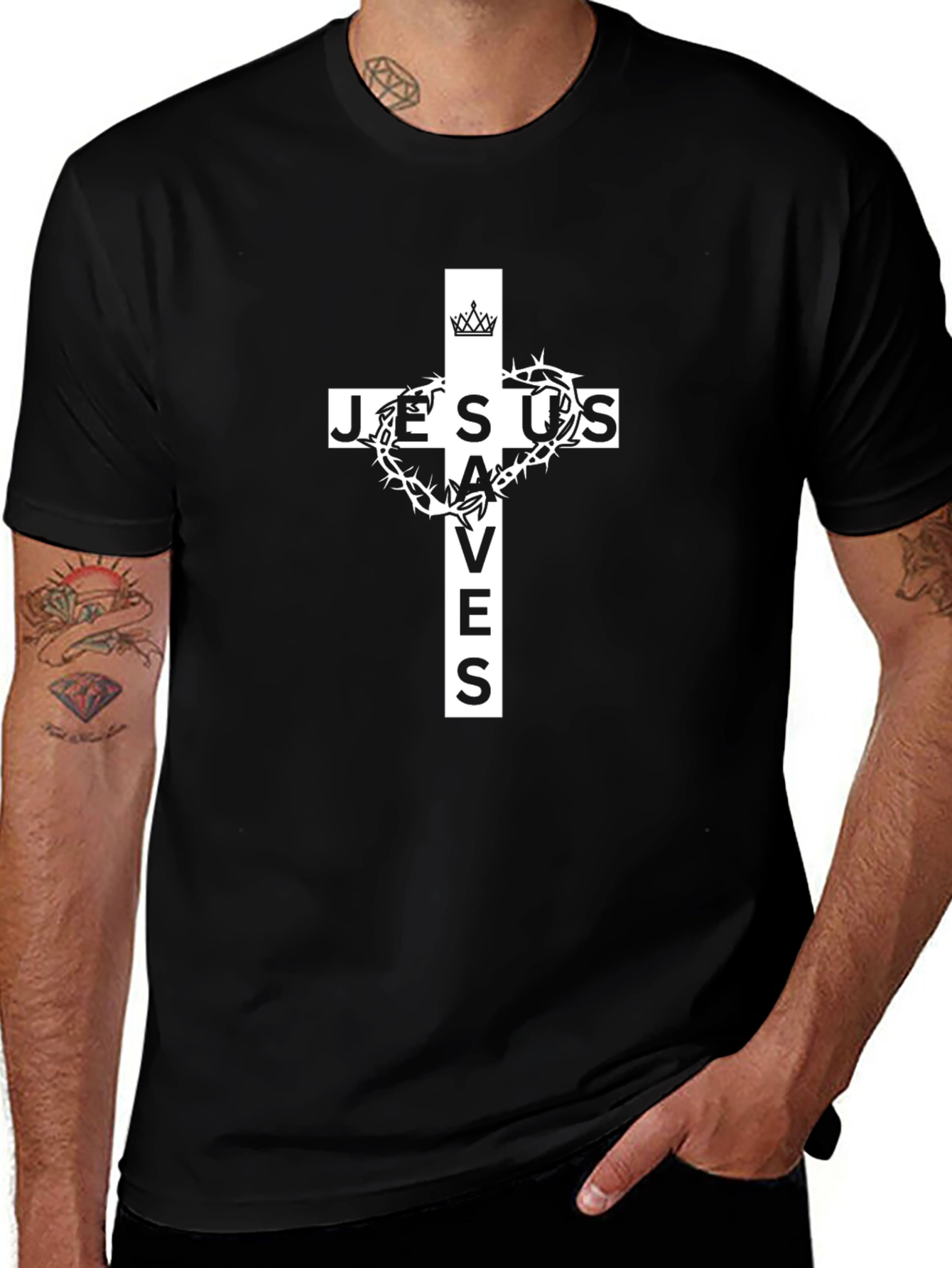 Jesus Saves Graphic T-Shirt - Black Cotton Blend
