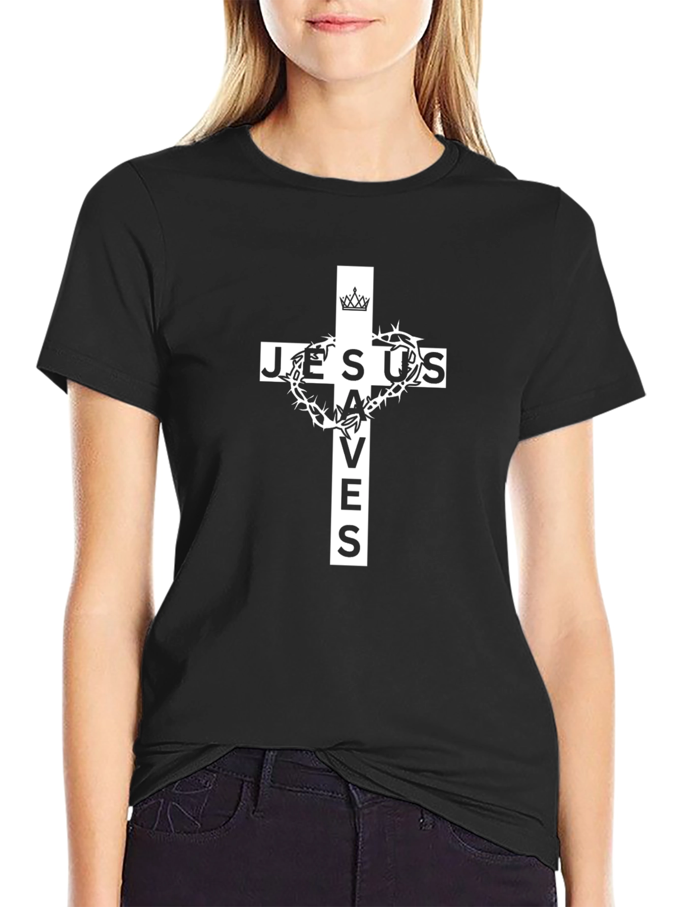 Jesus Saves Graphic T-Shirt - Black Cotton Blend