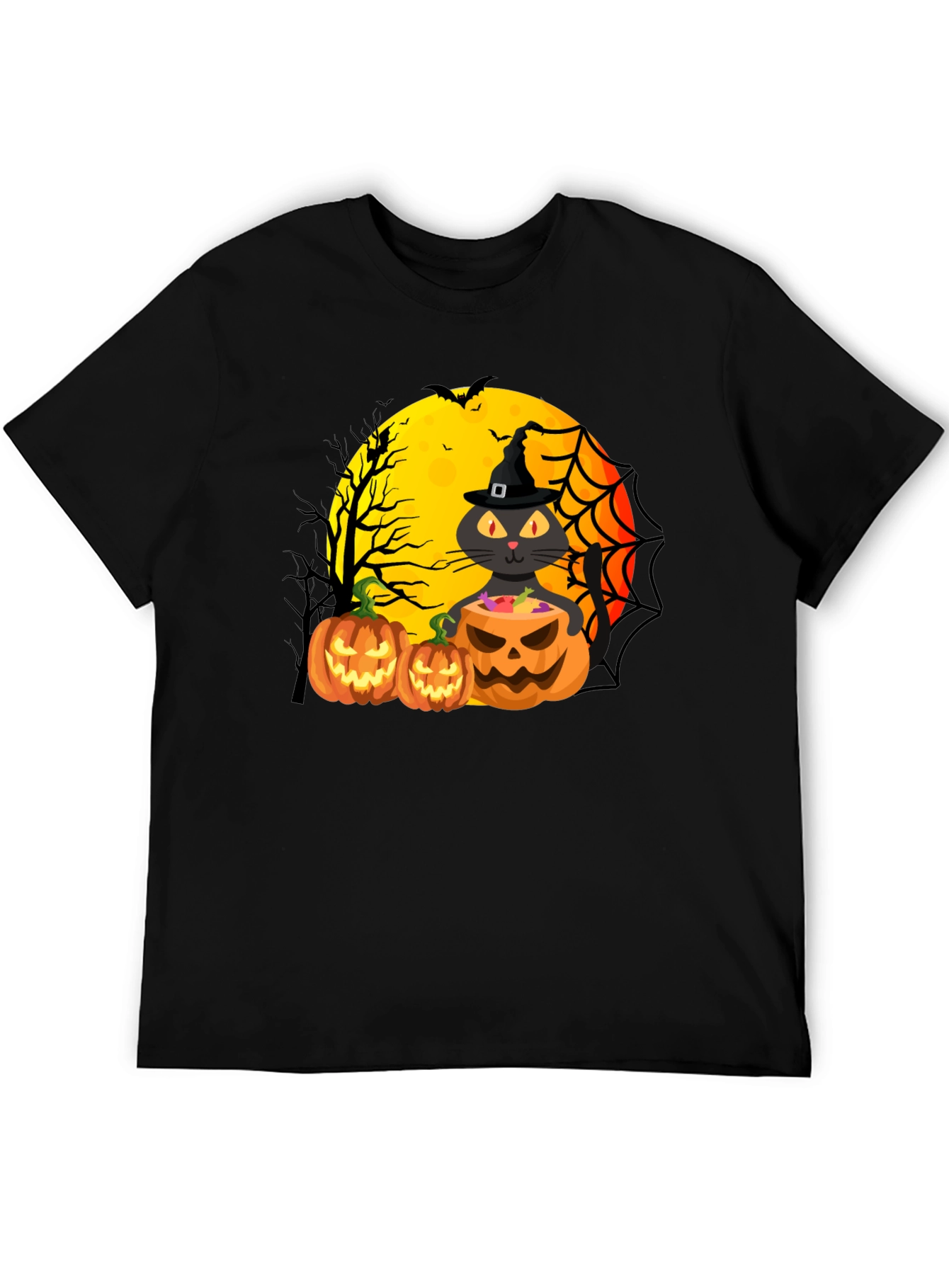 Halloween Cat & Pumpkins Black T-Shirt