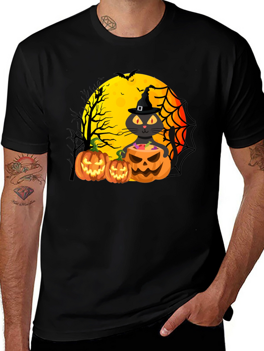 Halloween Cat & Pumpkins Black T-Shirt