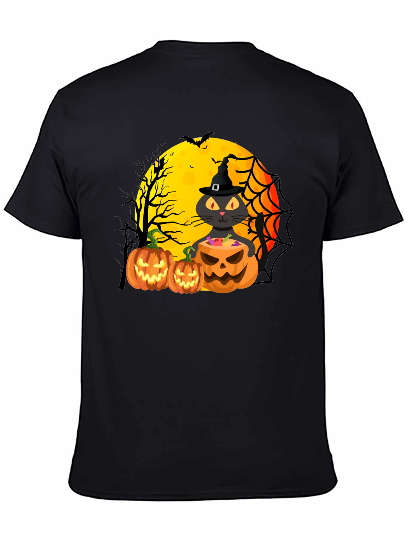 Halloween Cat & Pumpkins Black T-Shirt