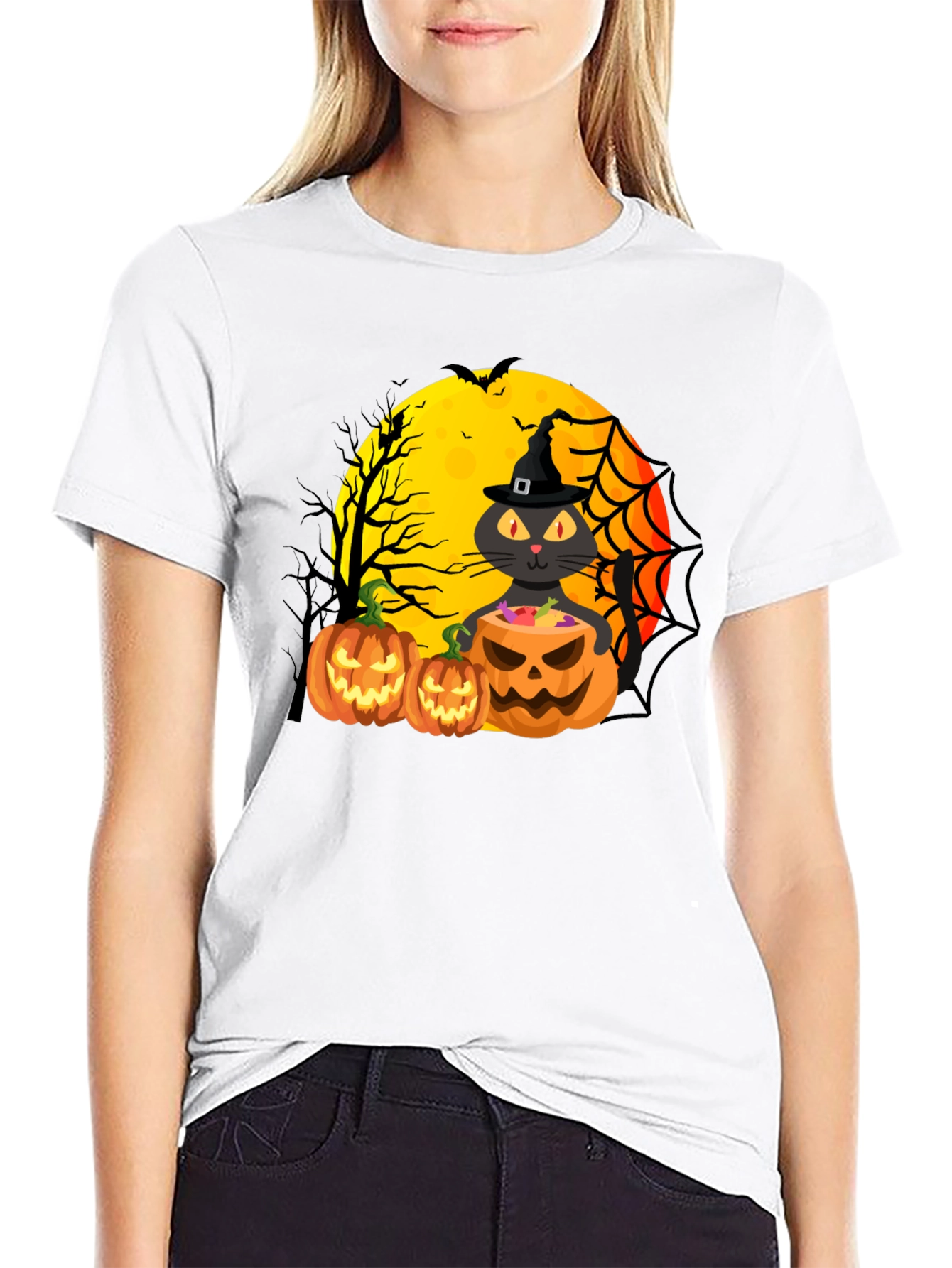 Halloween Cat & Pumpkins Black T-Shirt