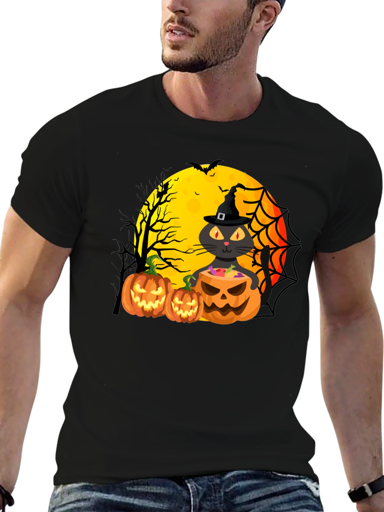 Halloween Cat & Pumpkins Black T-Shirt