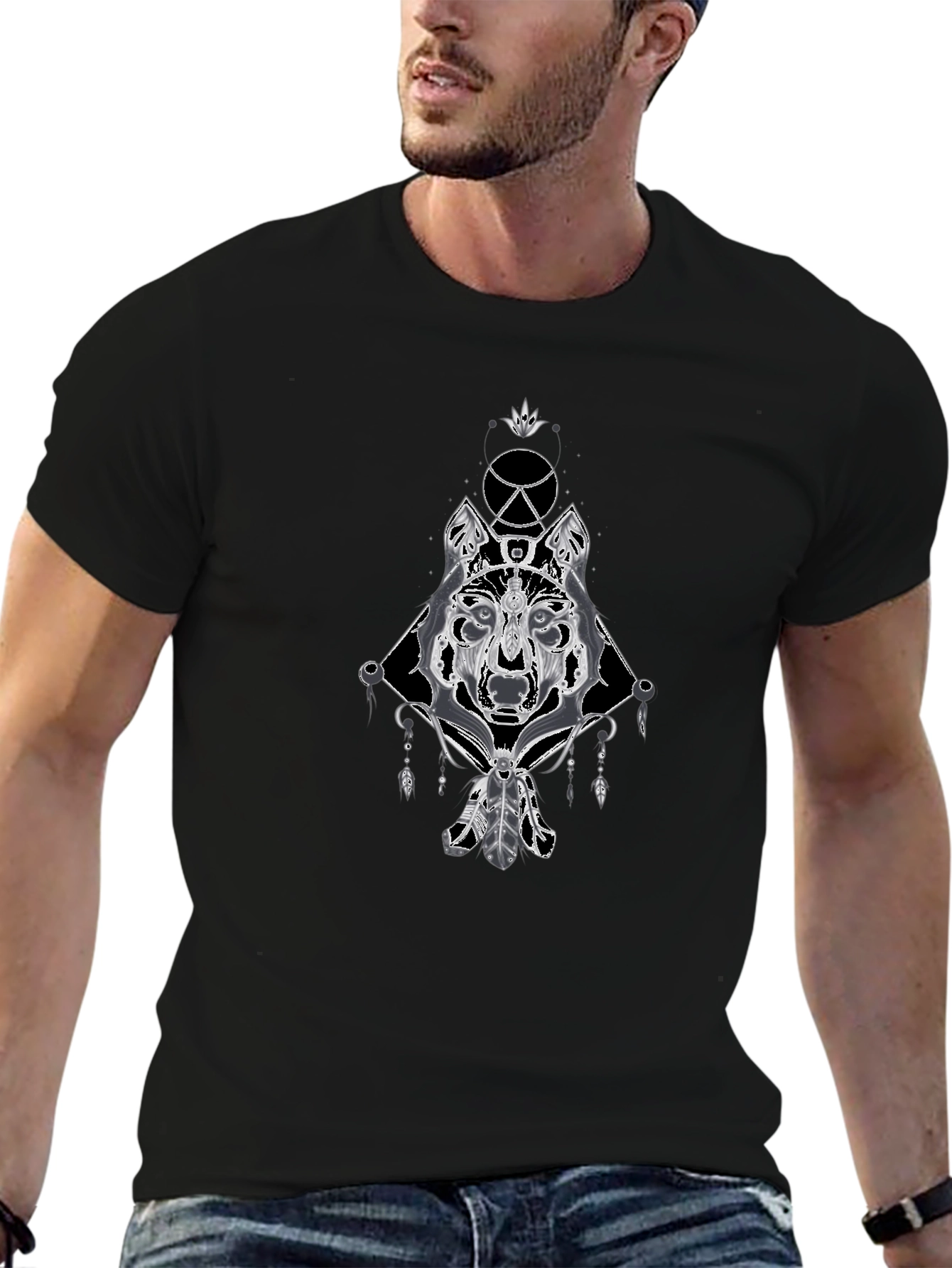 Mens Wolf Graphic Print Tee - Black