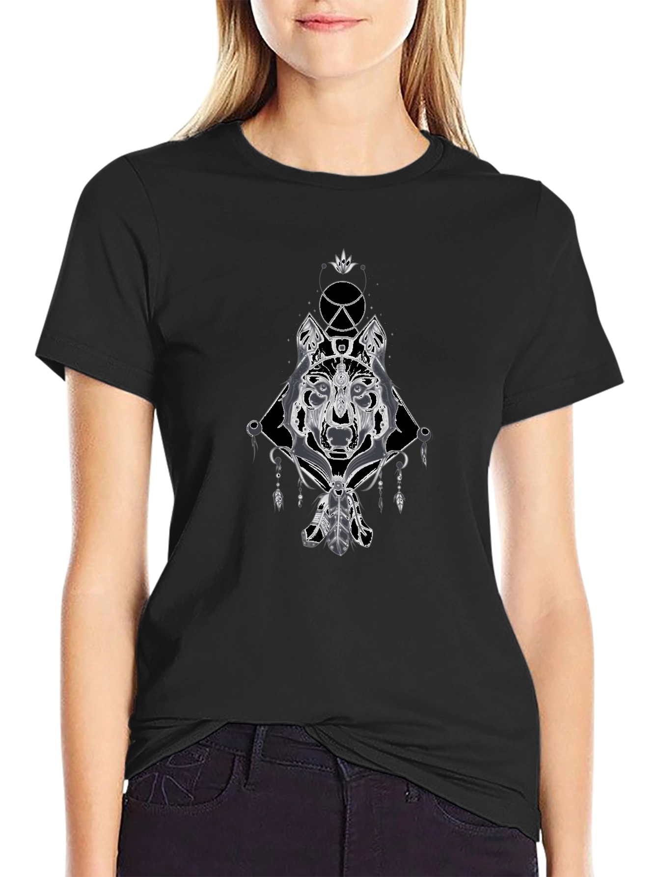 Mens Wolf Graphic Print Tee - Black
