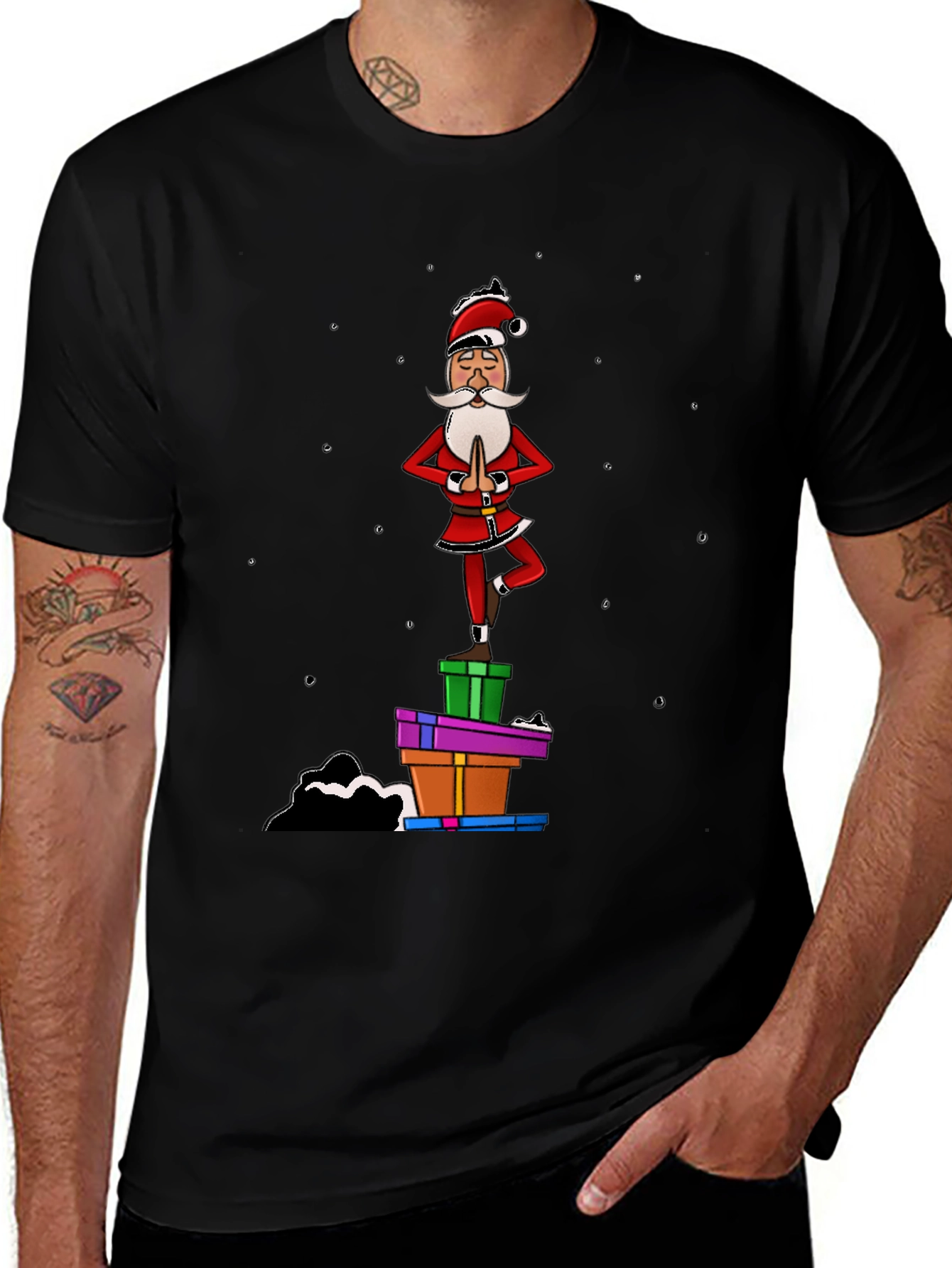 Yoga Santa Black T-Shirt - Christmas Holiday Fun