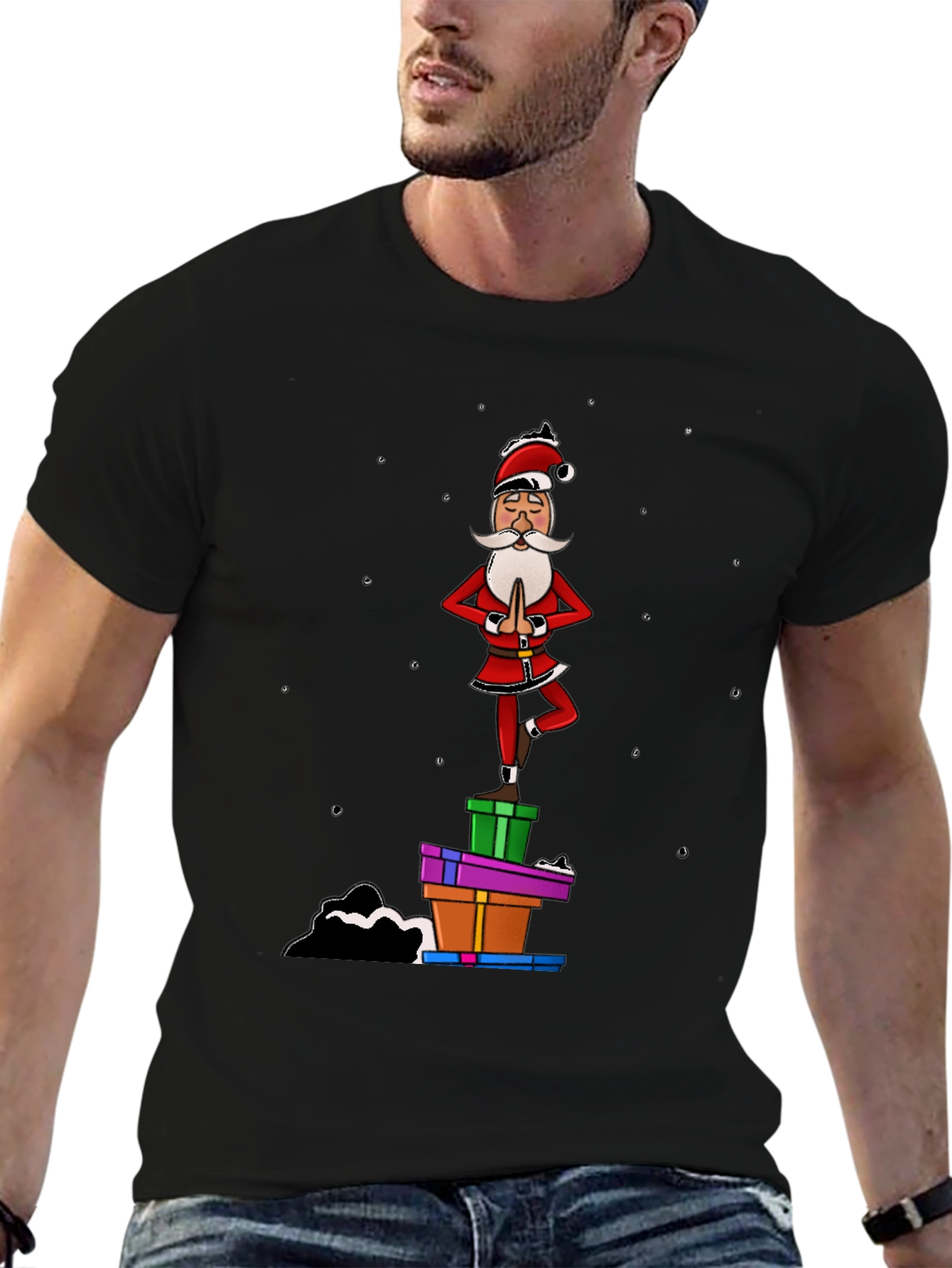 Yoga Santa Black T-Shirt - Christmas Holiday Fun