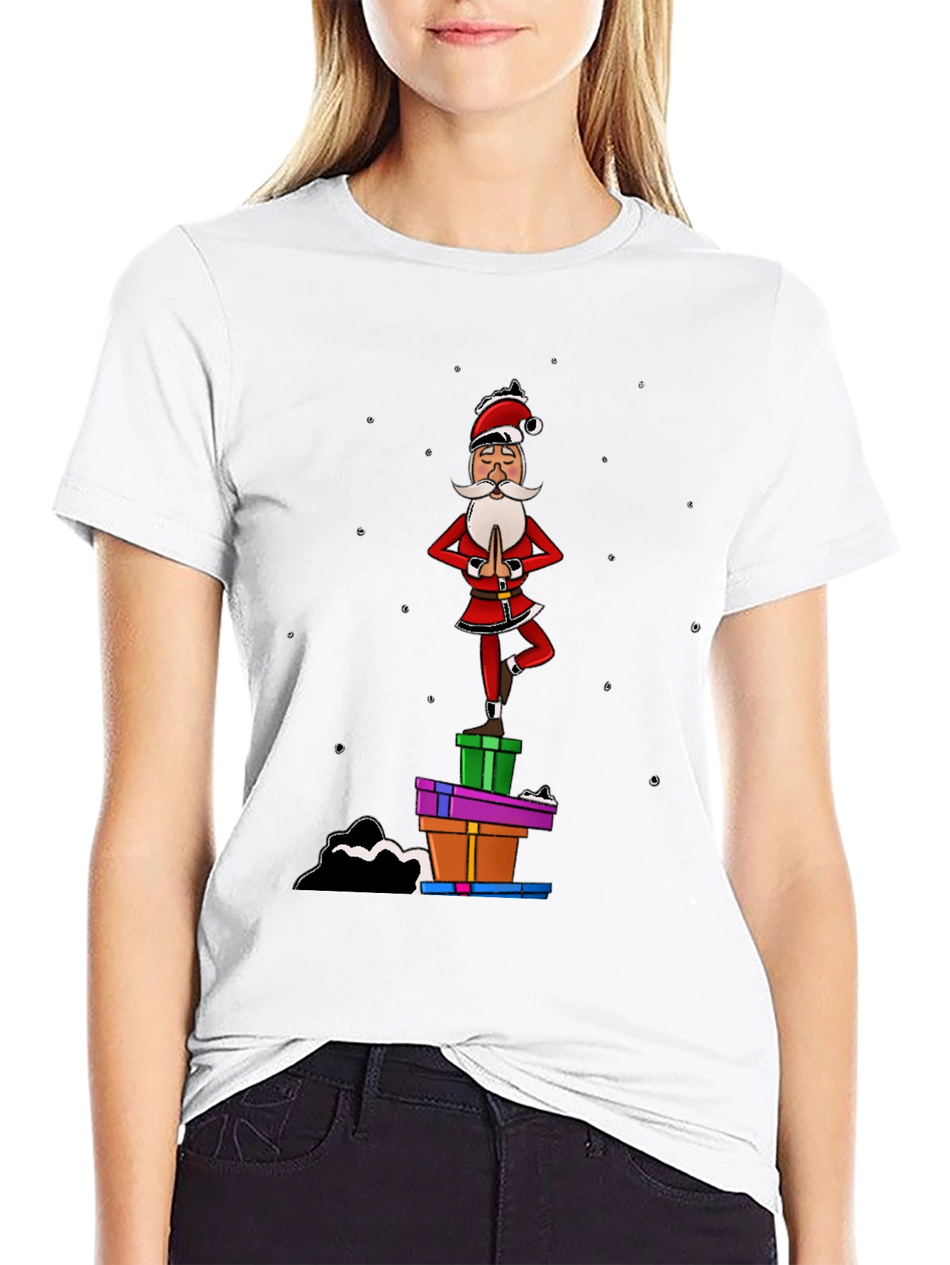 Yoga Santa Black T-Shirt - Christmas Holiday Fun