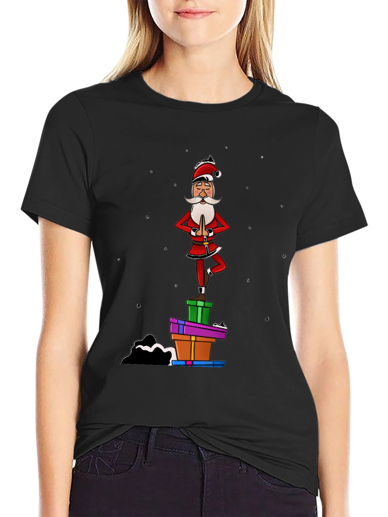 Yoga Santa Black T-Shirt - Christmas Holiday Fun