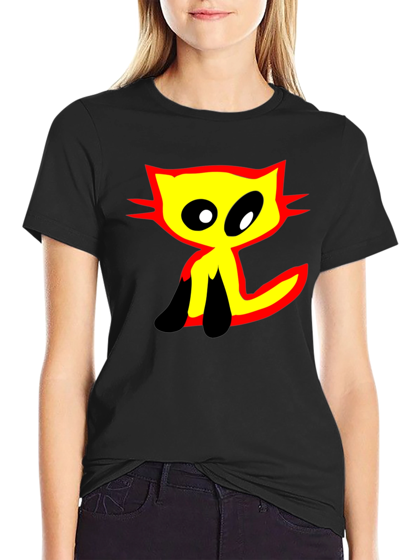 Graphic Tee: Abstract Cat Design - Black Cotton T-Shirt