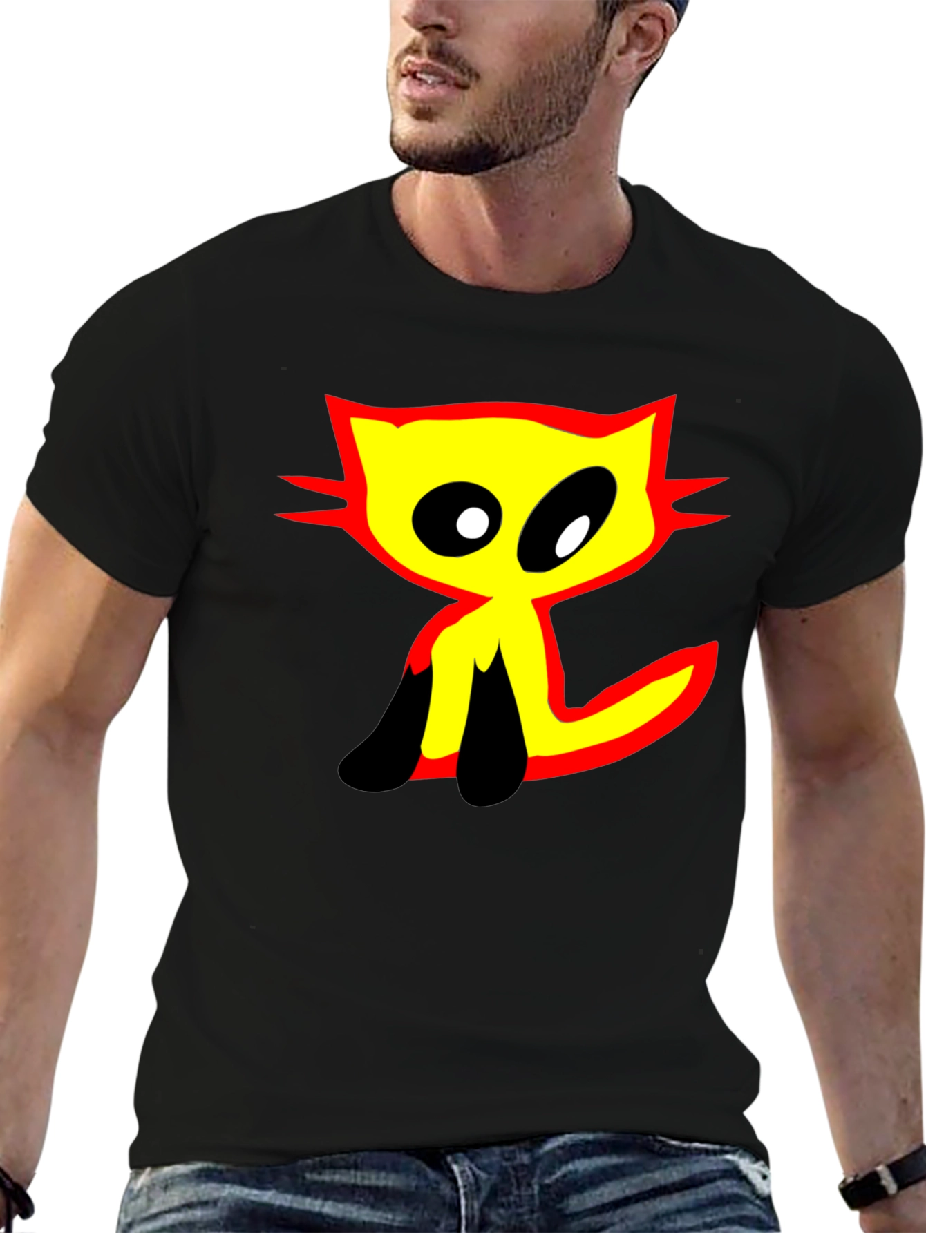 Graphic Tee: Abstract Cat Design - Black Cotton T-Shirt