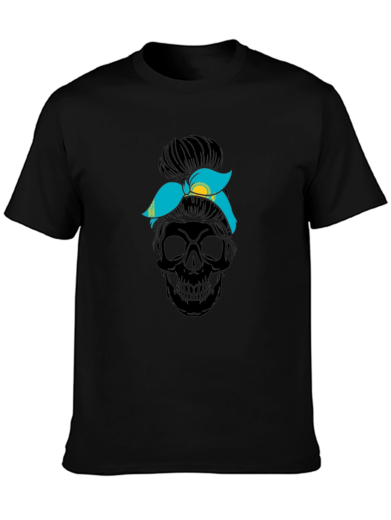 Skull Messy Bun Kazakhstan Flag T-Shirt