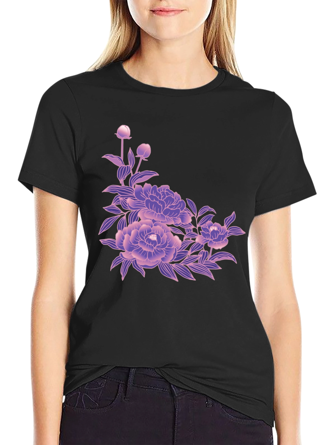 Black Tee with Floral Blossom Design