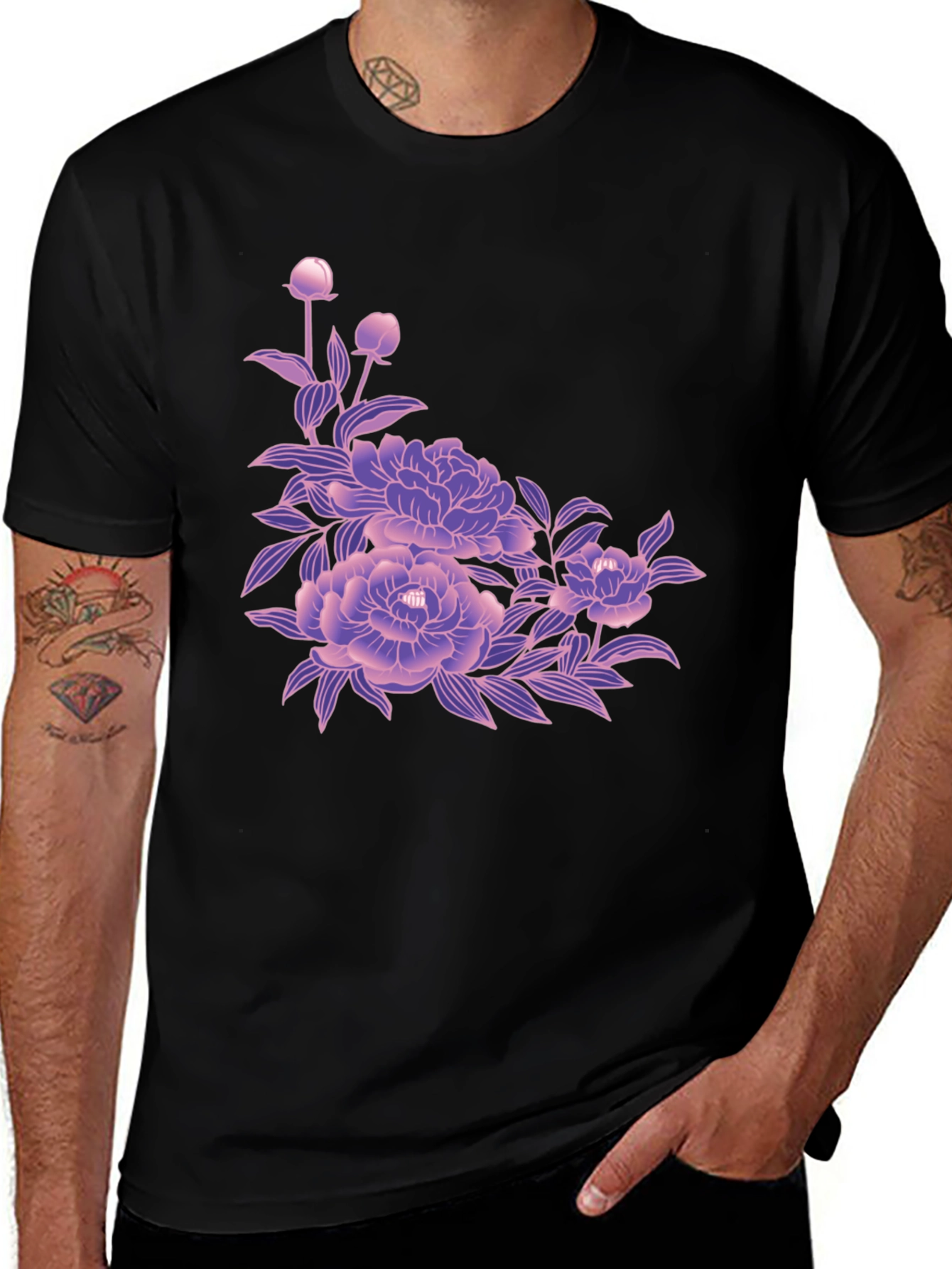 Black Tee with Floral Blossom Design