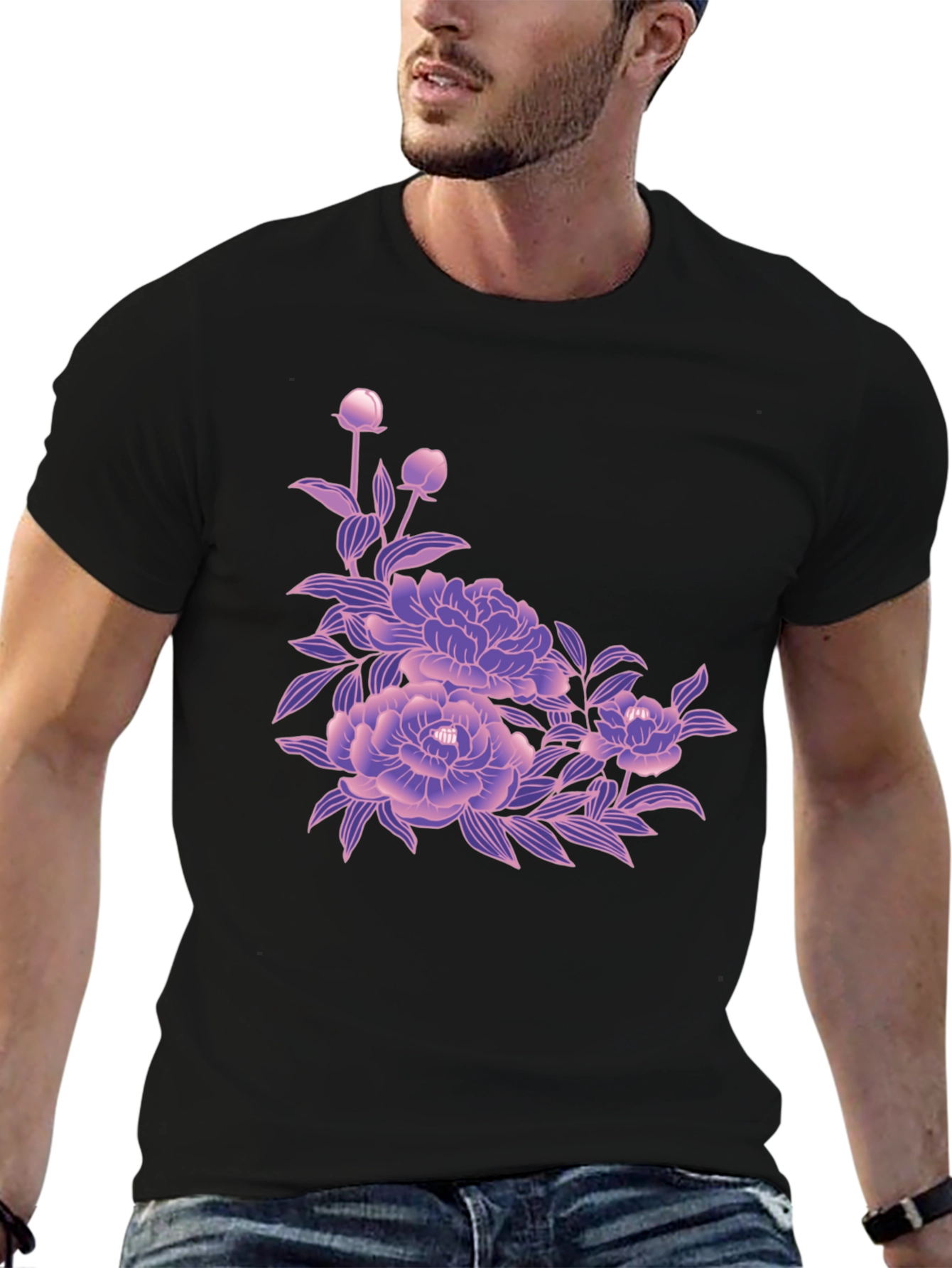Black Tee with Floral Blossom Design