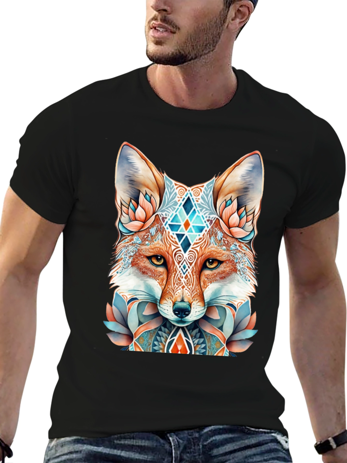 Geometric Fox Graphic Tee - Black